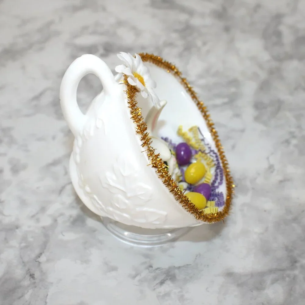 HAND CRAFTED Bunny White Cup Spring Decor Ornament Upcycled Cup Purple Easter